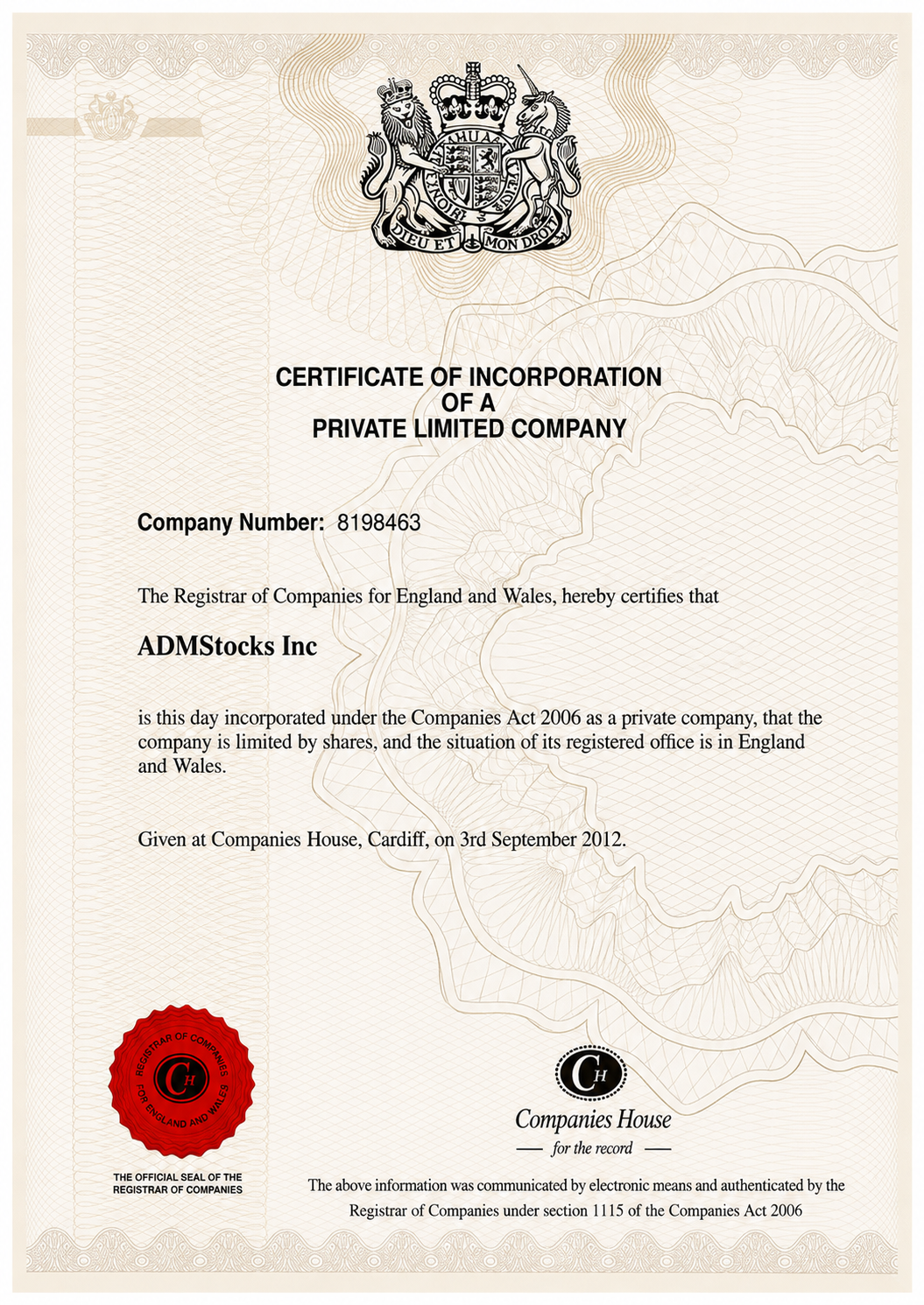 Certificate of Incorporation issued by Companies House