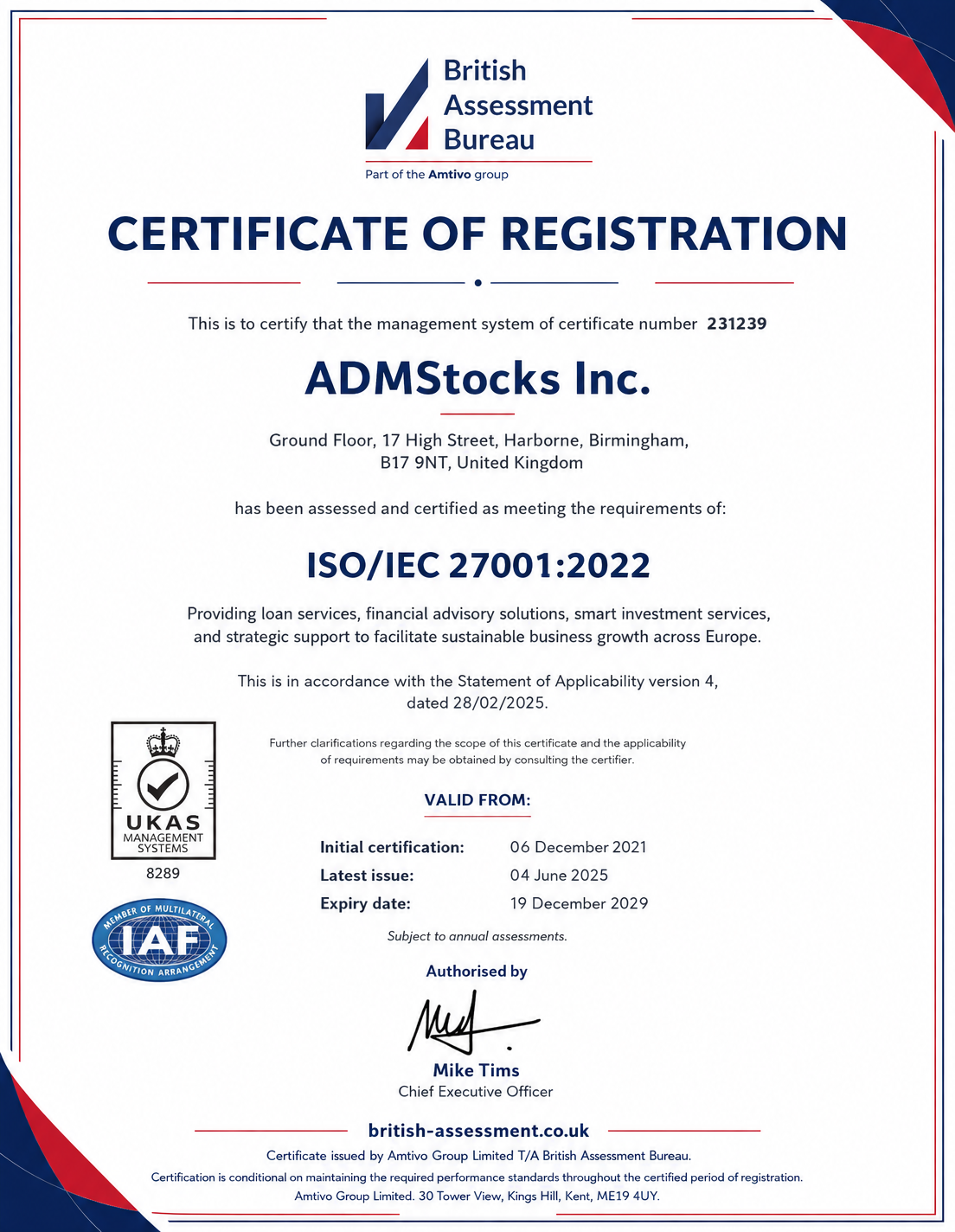 ISO/IEC 27001:2022 Certificate of Registration issued by British Assessment Bureau